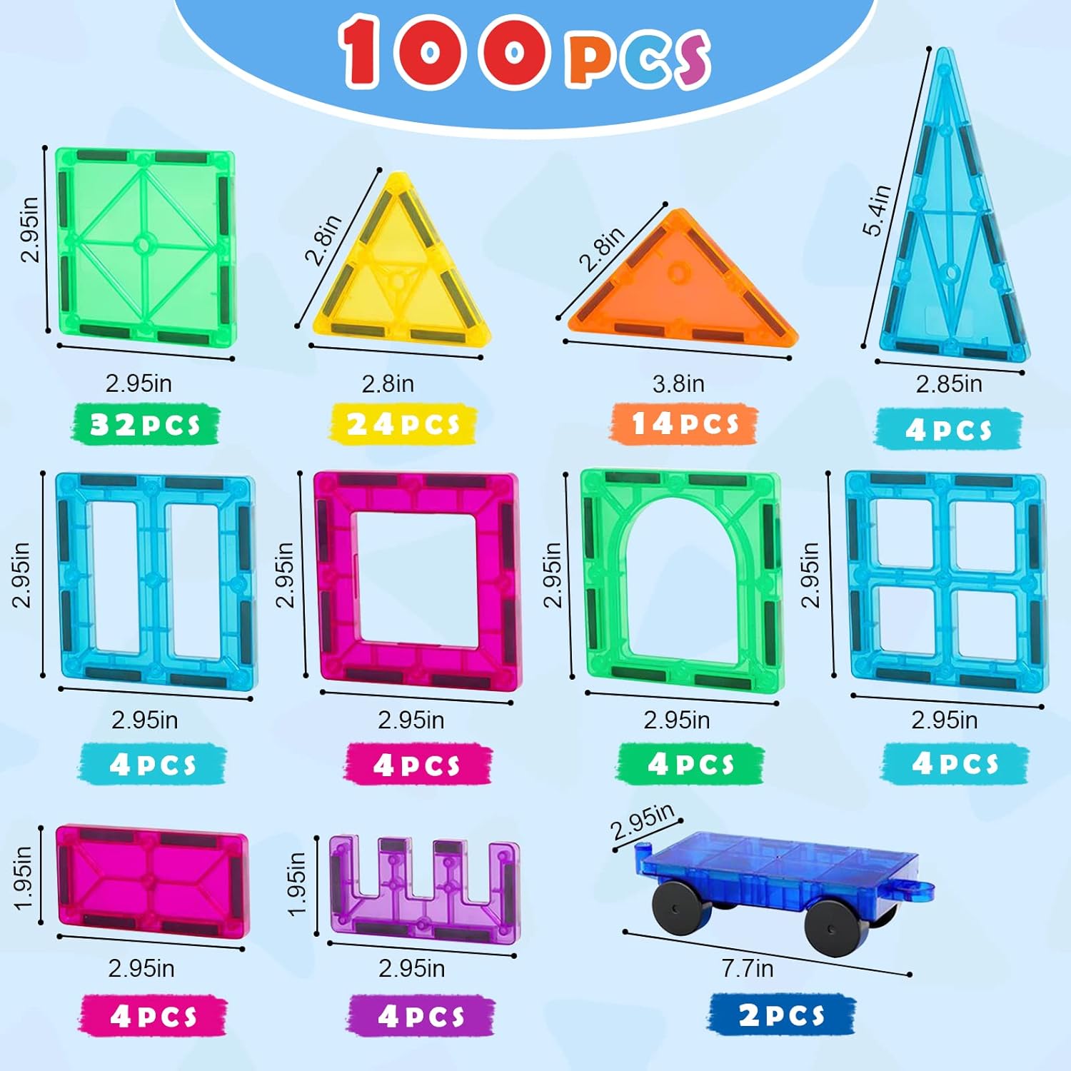 Gemmicc Magnetic Tiles 100 PCS with 2 Cars, STEM Approved Educational Magnet BuildingToys, Magnet Puzzles Stacking Blocks for Boys Girls 24hrsmart